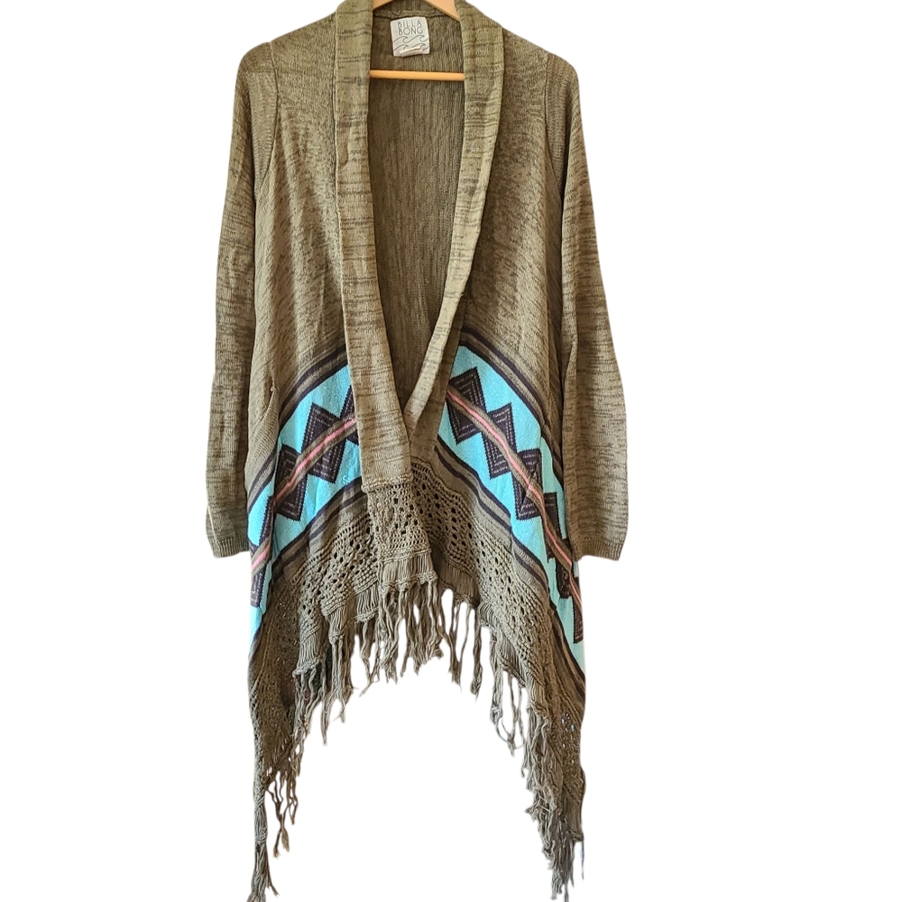 Billabong Tan and Blue Fringe Cardigan Open Bohemian
